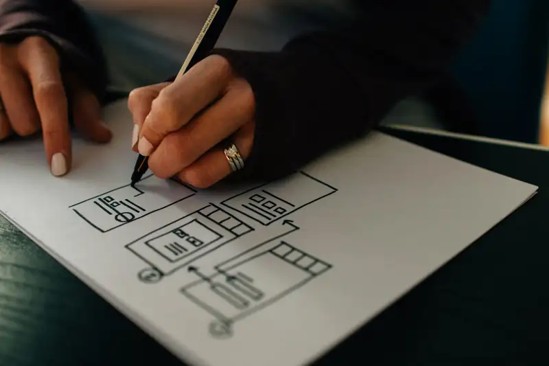 Designer sketching a website wireframe on paper during web design planning